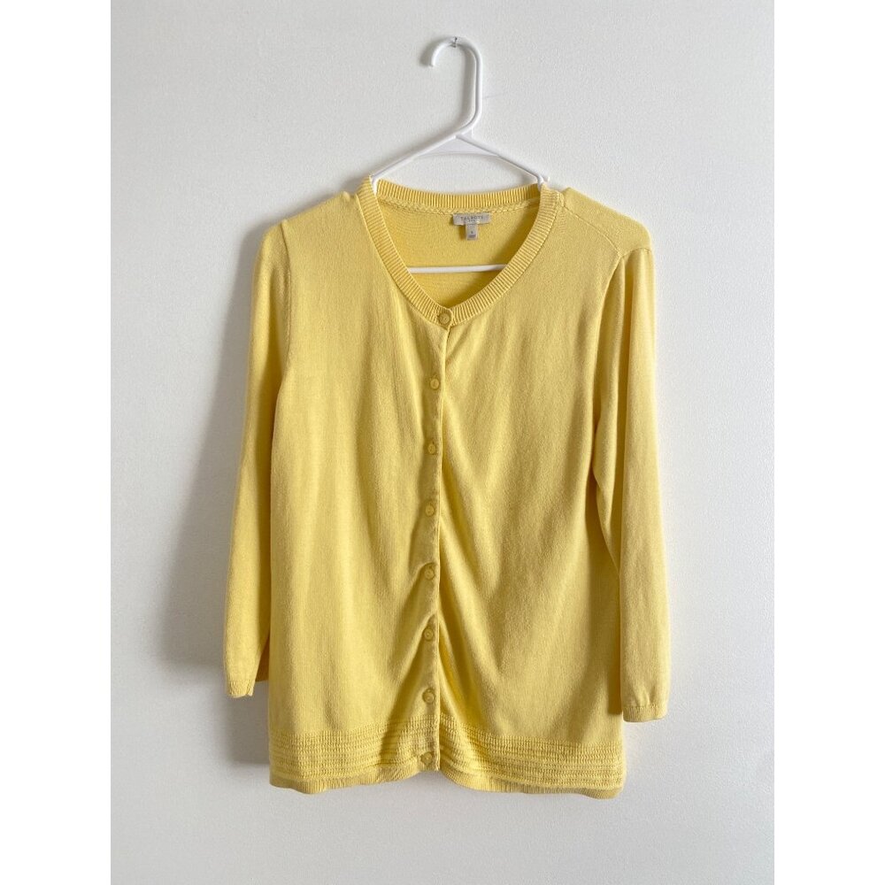 Talbots Yellow Button-Down Cardigan Sweater Womens Small 100% Cotton 3/4 Sleeves